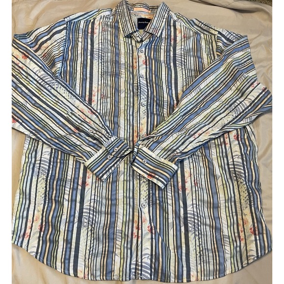 Tommy Bahama Astra Stripe Long Floral Sleeve Button Down Shirt Mens SZ  L‎ - Picture 1 of 12